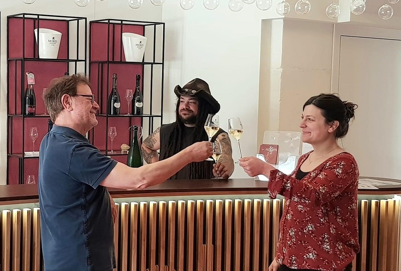 Emilie, Pascal and Simon Morel having a glass of Champagne